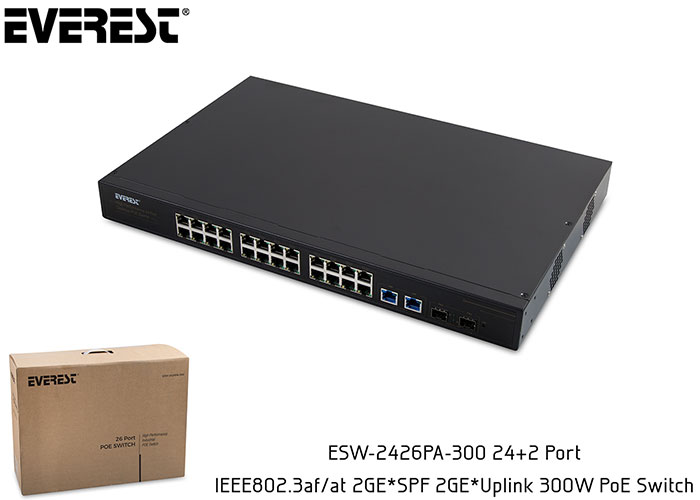 EVEREST-ESW-2426PA-300 EVEREST ESW-2426PA-300 24+2 PORT IEEE802.3AF/AT 2GE*SPF 2GE*UPLI